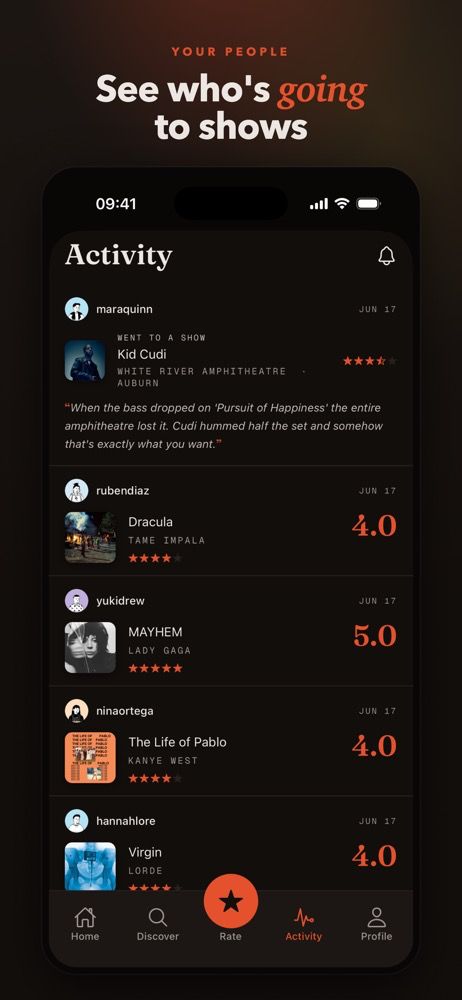 Riffiter activity feed: people rating albums and logging concerts they went to.