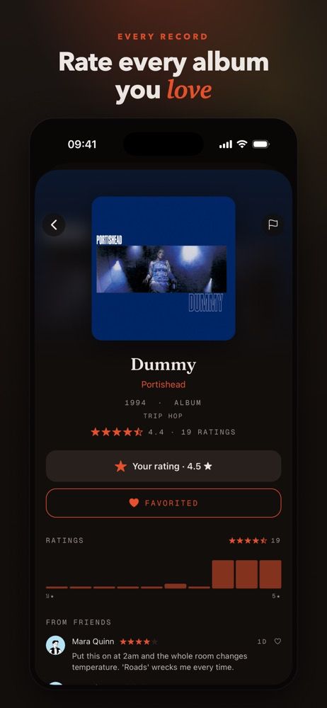 Riffiter album page for Dummy by Portishead, showing the community rating, your rating, and reviews from friends.