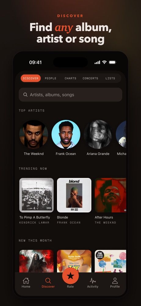 Riffiter discover screen: search, top artists, trending albums, and new releases.
