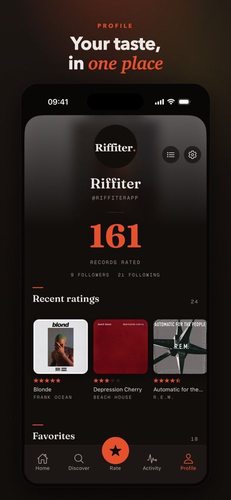 Riffiter profile screen: records rated, followers, recent ratings, and favorites.